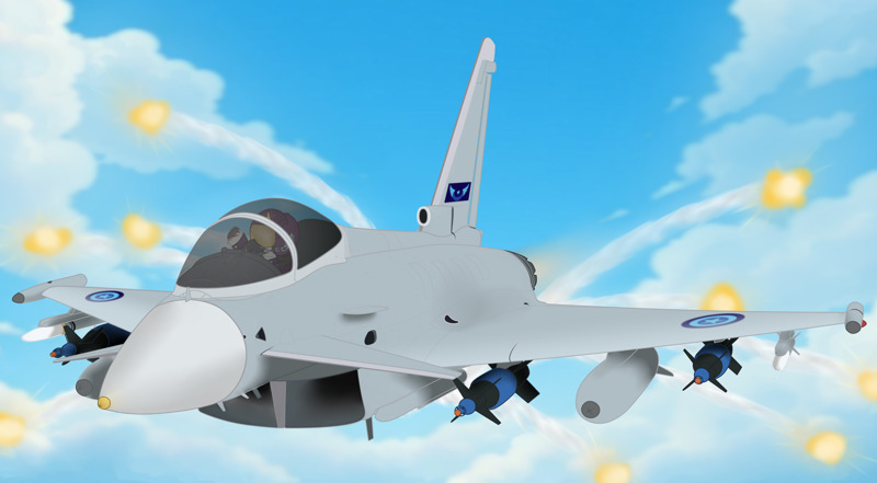 A pony in a jet firing off multiple flares.