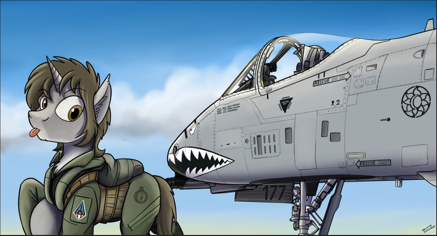 A pony looks at an A-10 and sticks its tongue out.