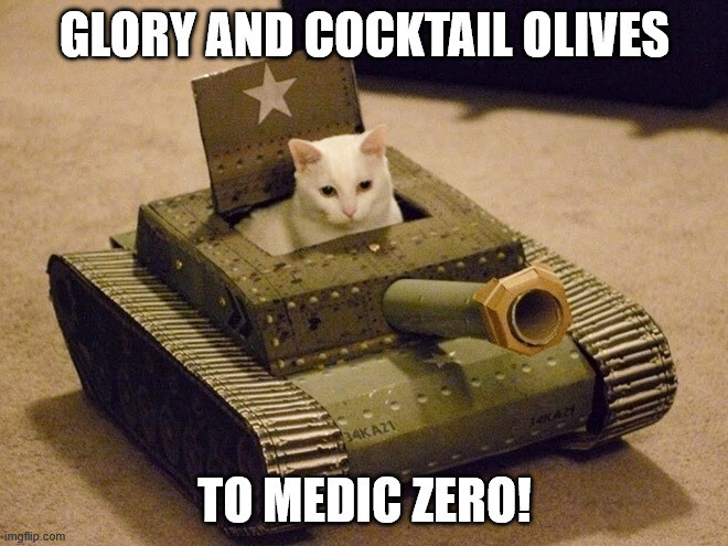 A cat in a cardboard tank says, 'Glory and cocktail olives to Medic Zero!'