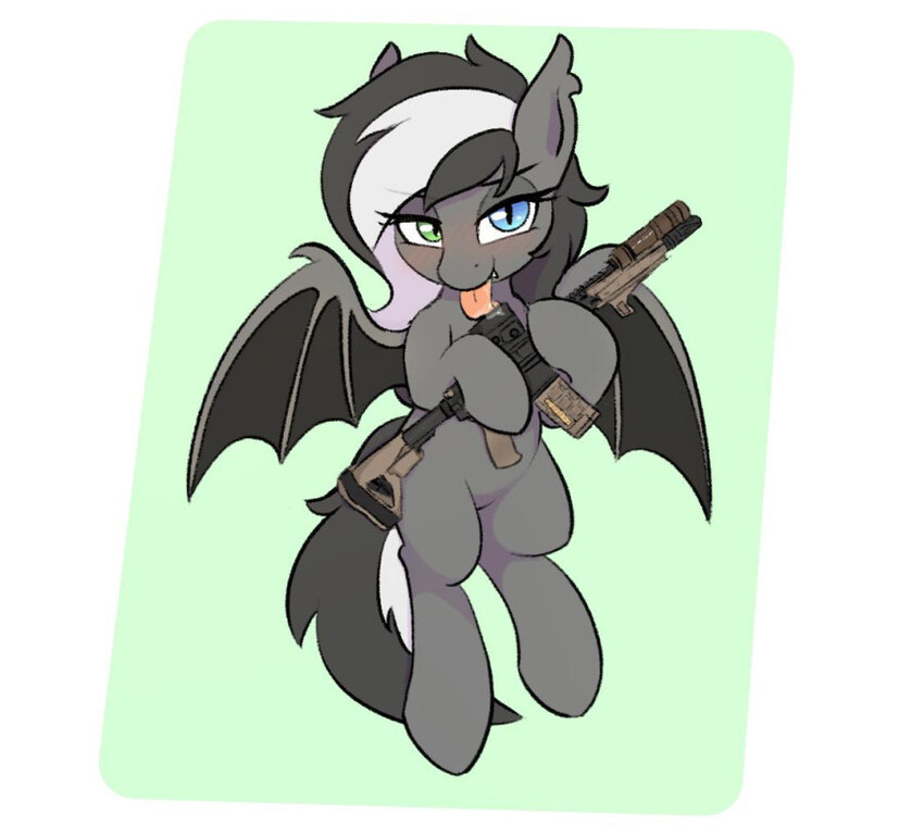 A pony with bat wings and a shotgun.