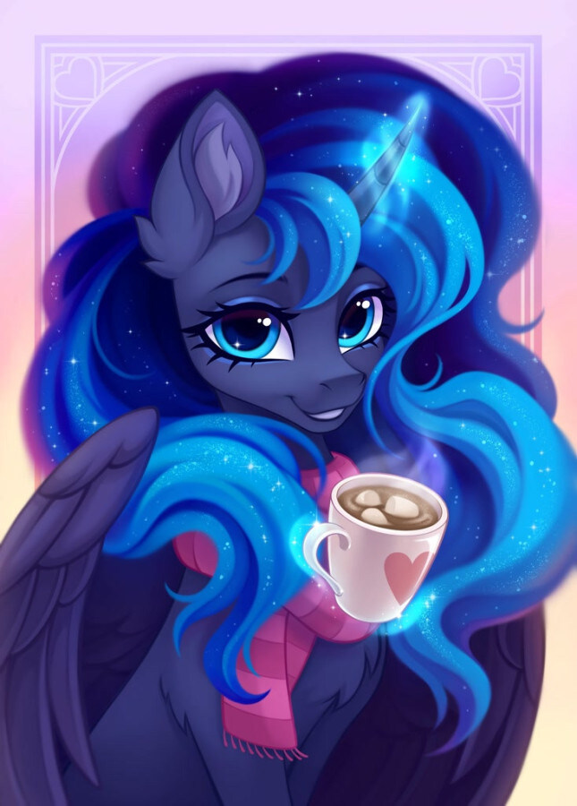 A blue pony with coffee.