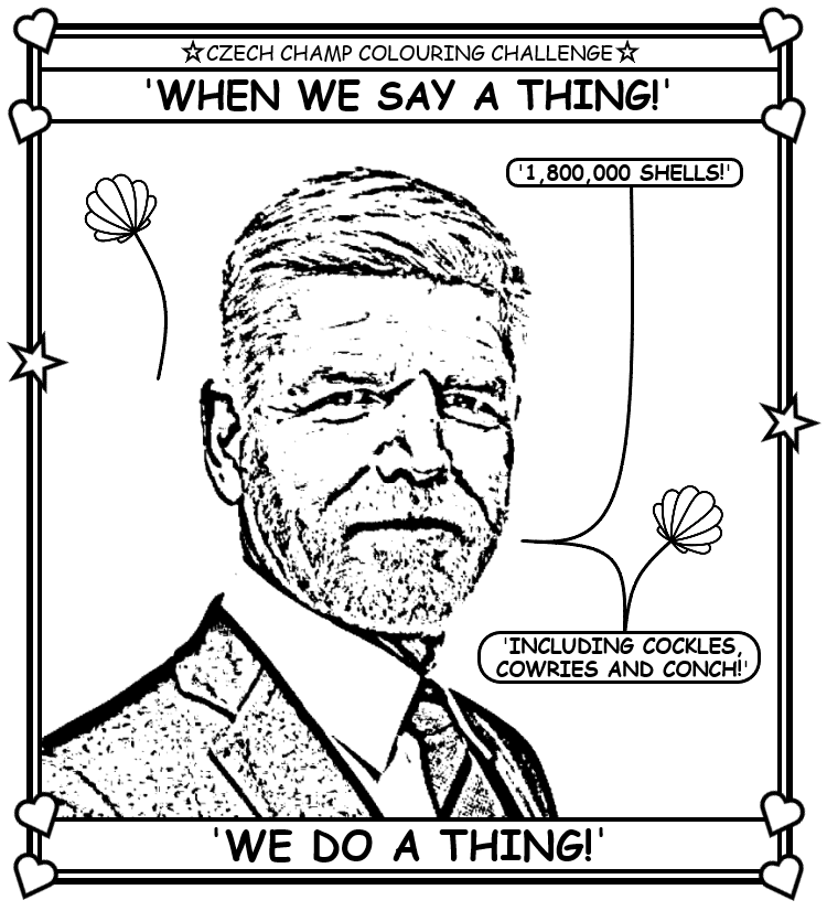 Coloring book page about Czech president promising artillery shells and delivering.