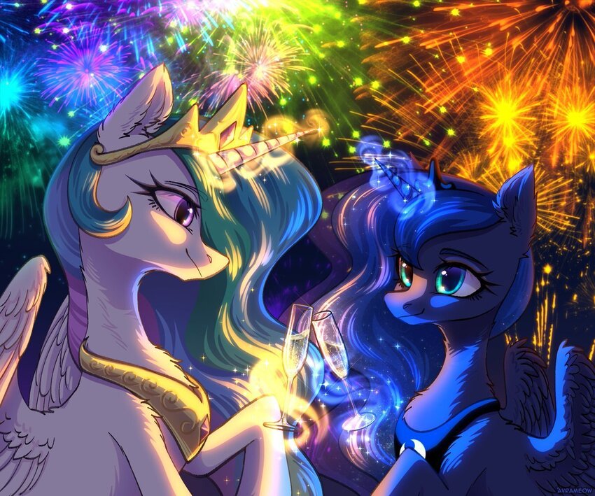 Ponies with champagne flutes ring in the new year with fireworks in the background.