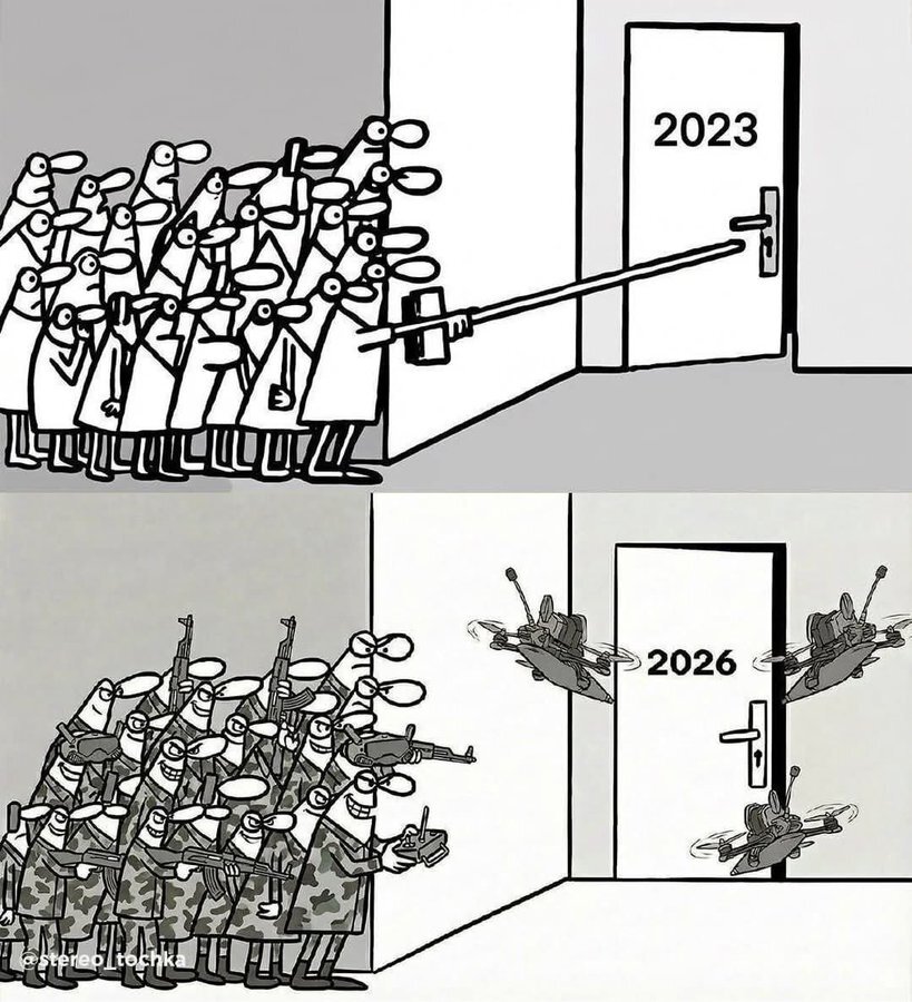 2023: People cautiously opening a door with a broom. 2026: People in fatigues with drones and rifles grinning and ready to blow things up.