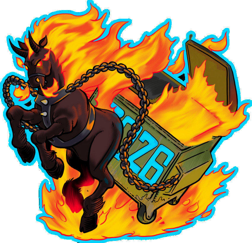 A pony pulls a dumpster labeled '2026' that is on fire.
