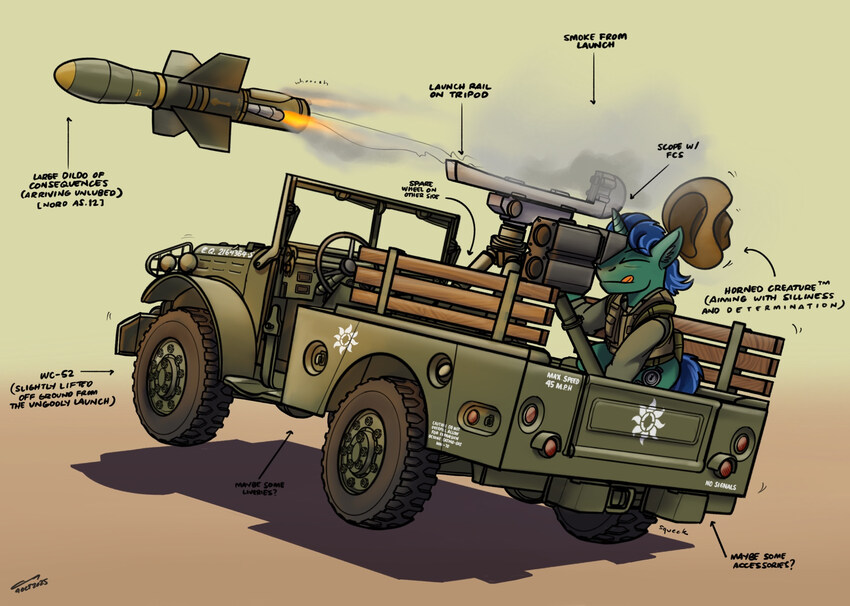 A pony in the back of a Jeep firing a missile launcher.