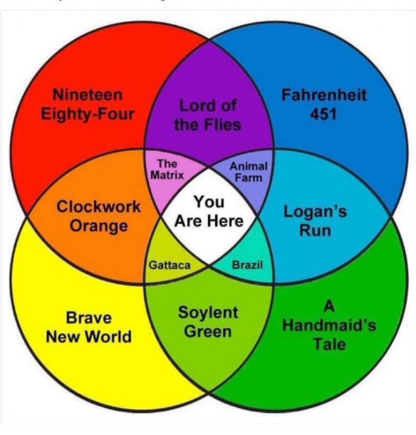 A Venn diagram showing where we are right now. (Intersection of 1984, Fahrenheit 451, Handmaid's Tale, Brave New World.)