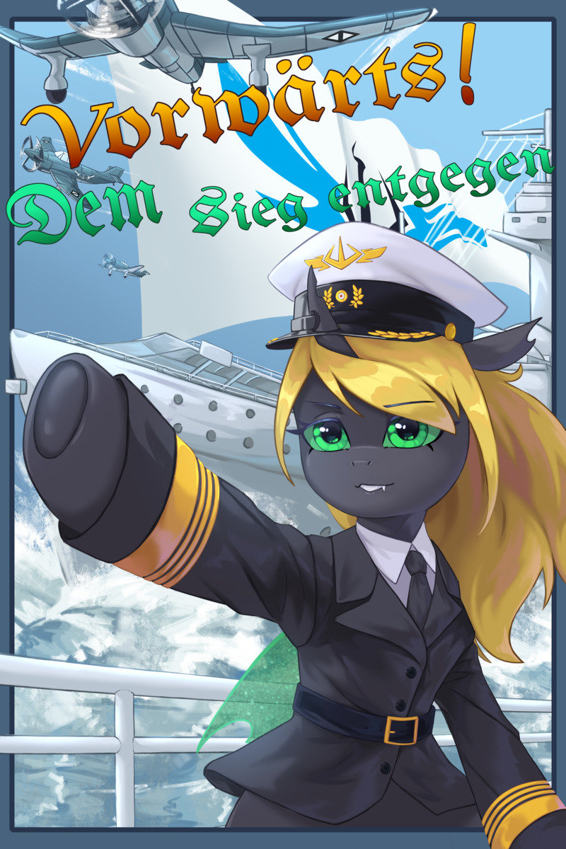 A gray pony in naval uniform in front of an aircraft and ship, captioned 'Forward to Victory' in German.