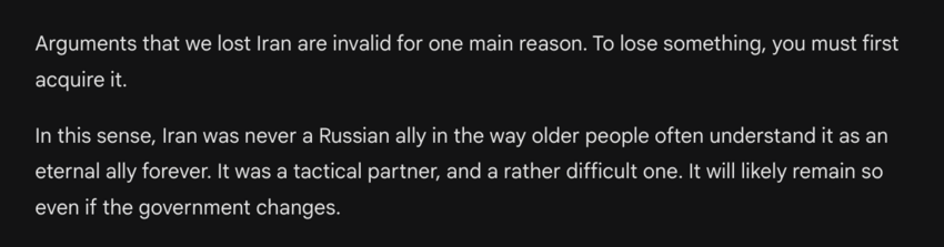 Russia: Iran was never an ally, just a tactical partner, and those grapes were probably sour anyway.