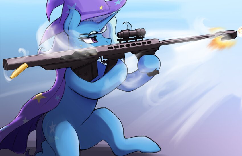 A pony firing a rifle, brass is ejecting to the left.