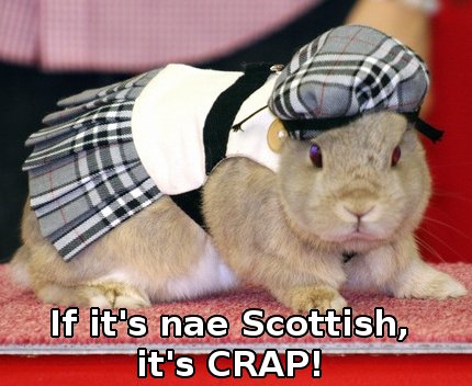 bunny wearing a Scottish outfit, saying 'if it's nae Scottish, it's CRAP' 