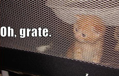 cat behind grate, caption 'Oh Grate' 