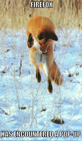 fox jumping, caption 'firefox has encountered a pop-up' 